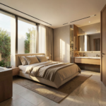 Plan de suite parentale avec espace de rangement, salle de bain et chambre lumineuse.