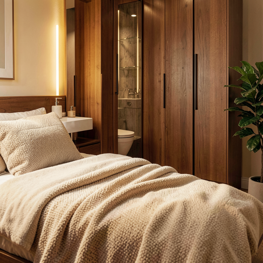 Exemple d'espace optimisé : chambre parentale petite surface avec cloison amovible et mobilier modulaire