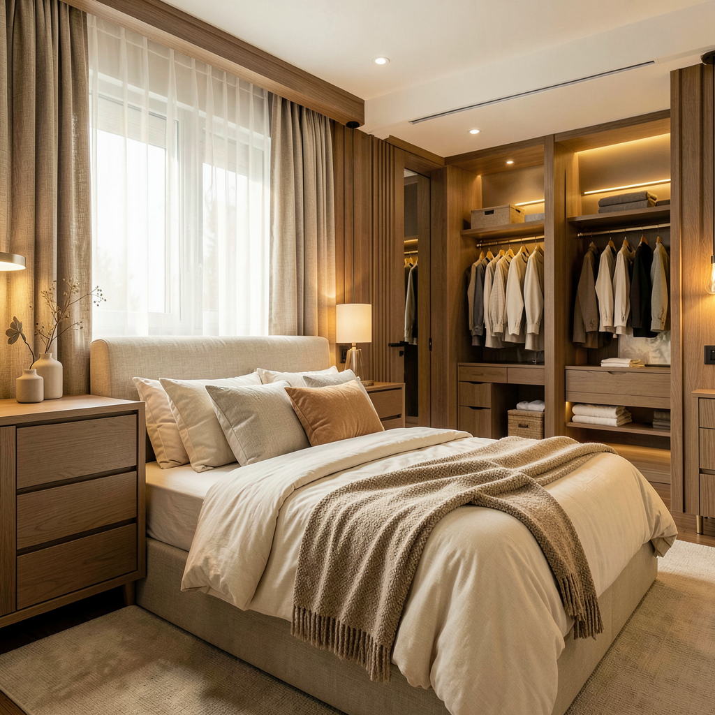 Chambre parentale aménagée avec des matériaux délicats et accessoires décoratifs