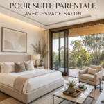 Aménagement d'une suite parentale moderne avec un coin salon confortable et chaleureux.