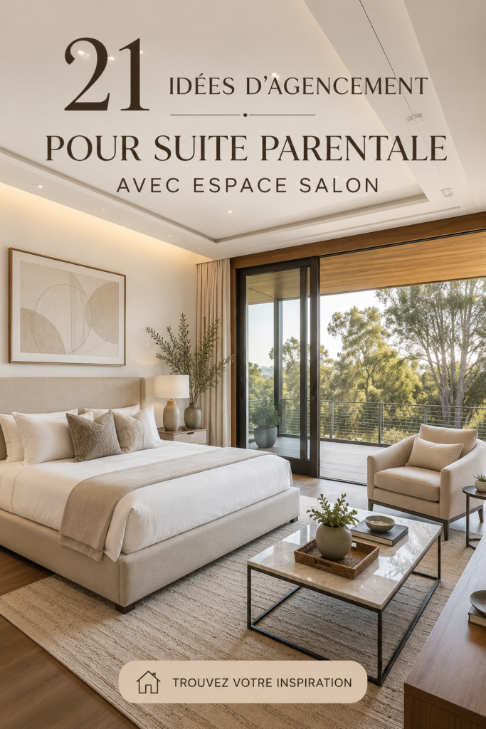 Aménagement d'une suite parentale moderne avec un coin salon confortable et chaleureux.