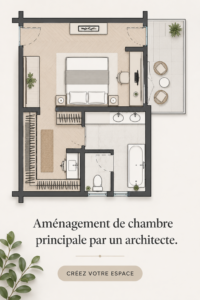 Aménagement d'une suite parentale moderne avec des touches de décoration chaleureuses.