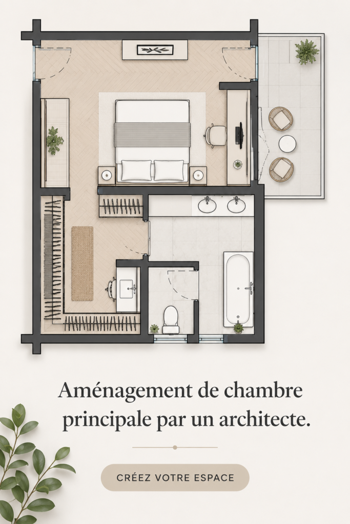 Aménagement d'une suite parentale moderne avec des touches de décoration chaleureuses.