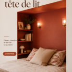 Une alcôve chaleureuse avec une tête de lit terracotta, créant une ambiance cocooning dans la chambre.