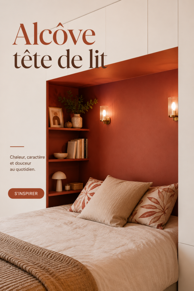 Une alcôve chaleureuse avec une tête de lit terracotta, créant une ambiance cocooning dans la chambre.