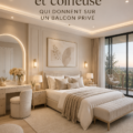 Chambre lumineuse avec terrasse de balcon intégrée, décoration douce et accueillante.