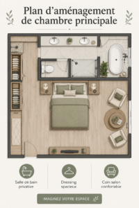 Chambre principale aménagée avec un coin salon et un dressing intégré, favorisant le confort et la sérénité.