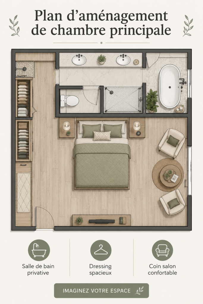 Chambre principale aménagée avec un coin salon et un dressing intégré, favorisant le confort et la sérénité.