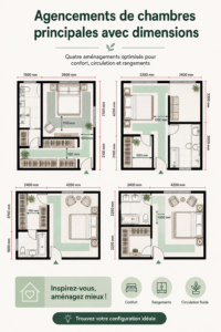 Disposition d'une master bedroom avec des dimensions équilibrées, créant un espace chaleureux et pratique.