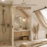 Une chambre élégante avec salle de bain intégrée, décorée avec goût.