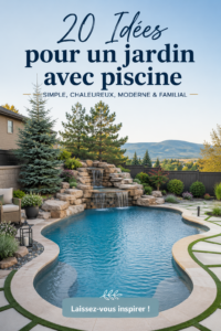 Aménagement de jardin comprenant une piscine entourée d'espaces de détente et de verdure