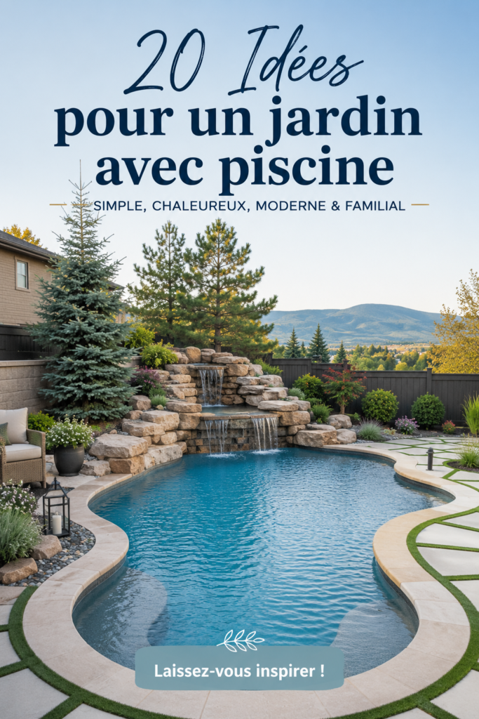 Aménagement de jardin comprenant une piscine entourée d'espaces de détente et de verdure