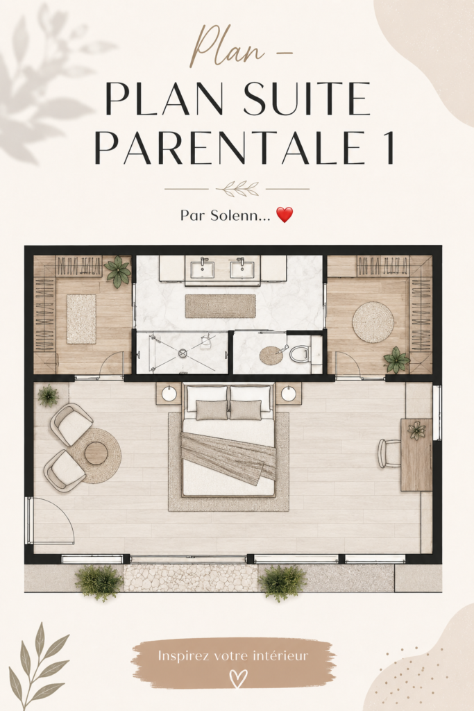 Plan moderne d'une suite parentale avec dressing et salle de bain