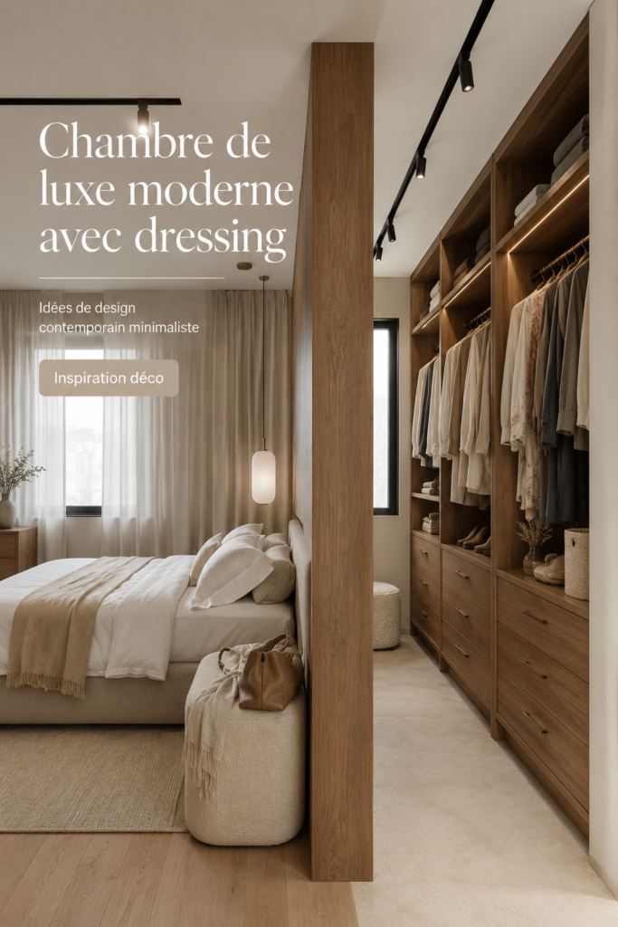 Chambre moderne avec un dressing intégré et une décoration minimaliste.