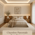Chambre parentale moderne avec des murs beige et meubles en bois, créant une ambiance chaleureuse.