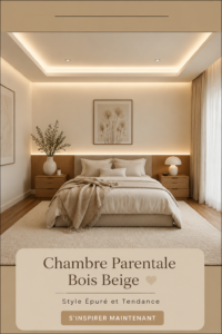 Chambre parentale moderne avec des murs beige et meubles en bois, créant une ambiance chaleureuse.