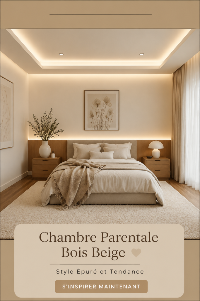 Chambre parentale moderne avec des murs beige et meubles en bois, créant une ambiance chaleureuse.