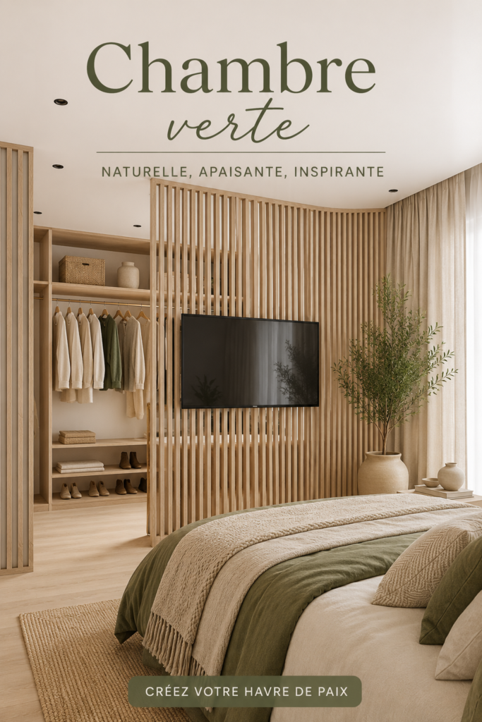 Chambre décorée en vert avec des éléments naturels et apaisants.