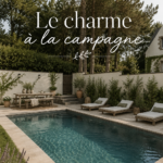 Une piscine bucolique entourée de verdure et de fleurs éclatantes.