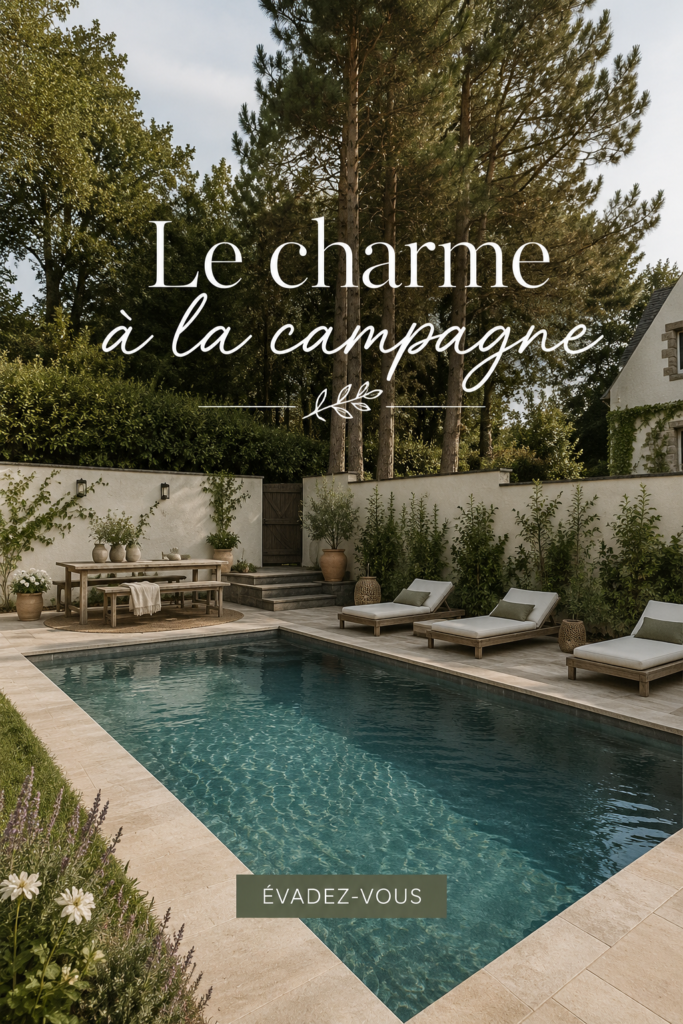 Une piscine bucolique entourée de verdure et de fleurs éclatantes.