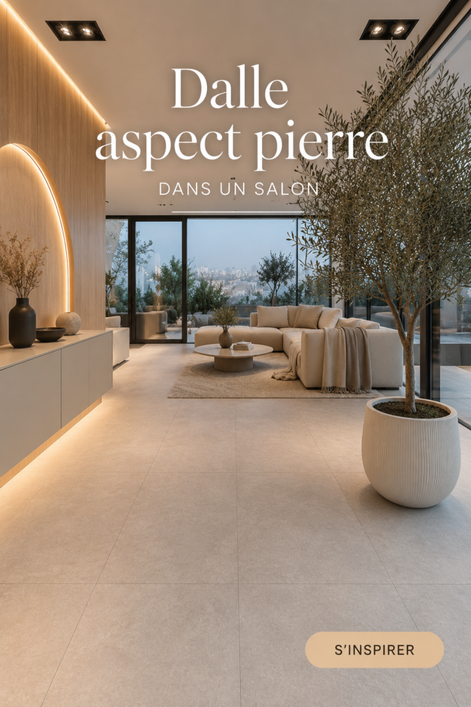 Salon moderne avec des dalles aspect pierre au sol