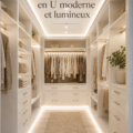 Dressing blanc en U moderne et lumineux dans une chambre élégante
