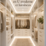 Dressing blanc en U moderne et lumineux dans une chambre élégante