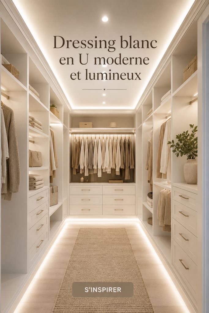 Dressing blanc en U moderne et lumineux dans une chambre élégante
