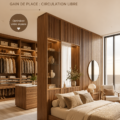 Aménagement d'un dressing derrière un lit dans une chambre moderne, optimisant l'espace.