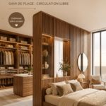 Aménagement d'un dressing derrière un lit dans une chambre moderne, optimisant l'espace.