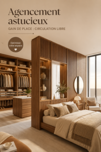 Aménagement d'un dressing derrière un lit dans une chambre moderne, optimisant l'espace.