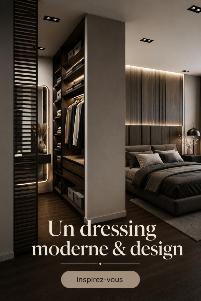 Dressing moderne et design avec des étagères ouvertes et des rangements pratiques.