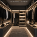 Dressing sombre avec éclairage LED créant une ambiance élégante.
