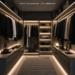 Dressing sombre avec éclairage LED créant une ambiance élégante.