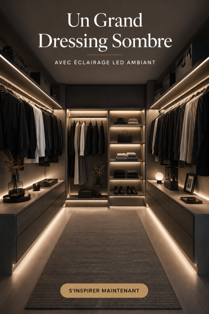 Dressing sombre avec éclairage LED créant une ambiance élégante.