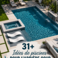 Une magnifique piscine de jardin entourée de verdure et de transats.