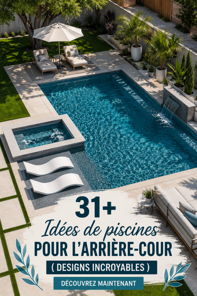 Une magnifique piscine de jardin entourée de verdure et de transats.