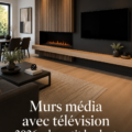 Un salon moderne avec un mur TV élégant intégrant plusieurs technologies et éléments décoratifs.