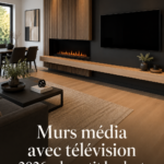 Un salon moderne avec un mur TV élégant intégrant plusieurs technologies et éléments décoratifs.