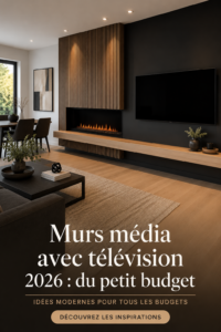 Un salon moderne avec un mur TV élégant intégrant plusieurs technologies et éléments décoratifs.