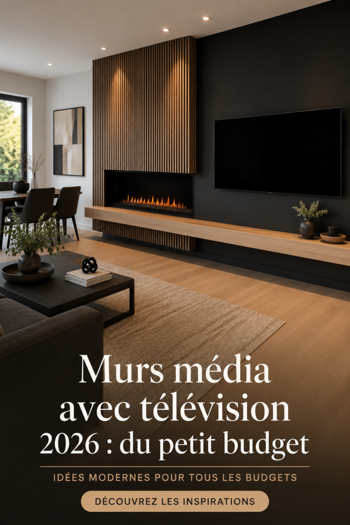 Un salon moderne avec un mur TV élégant intégrant plusieurs technologies et éléments décoratifs.