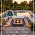 Une oasis moderne avec piscine à débordement et une zone relaxante avec cheminée.