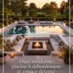 Une oasis moderne avec piscine à débordement et une zone relaxante avec cheminée.