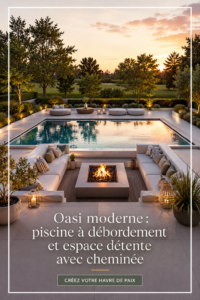 Une oasis moderne avec piscine à débordement et une zone relaxante avec cheminée.