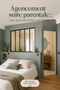 Suite parentale chaleureusement agencée avec mobilier moderne et décor apaisant