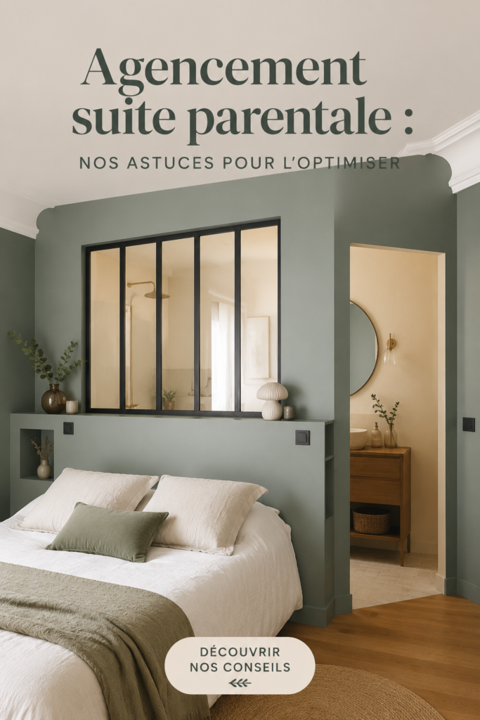Suite parentale chaleureusement agencée avec mobilier moderne et décor apaisant