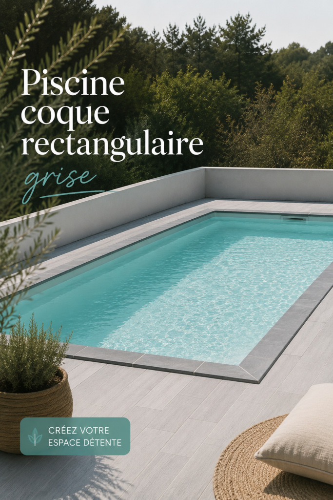 Piscine coque rectangulaire grise installée dans un jardin moderne