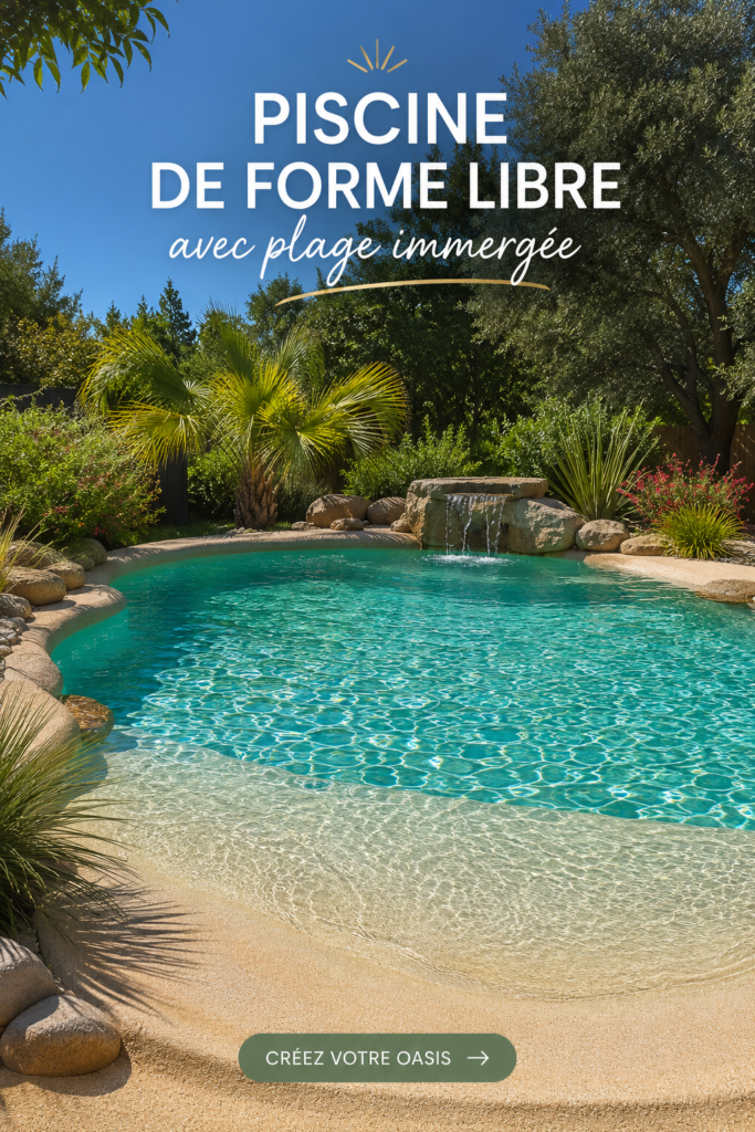 Une belle piscine de forme libre avec une plage immergée dans un jardin luxuriant