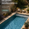 Une piscine d'angle dans un jardin méditerranéen printanier, ornée de plantes locales.