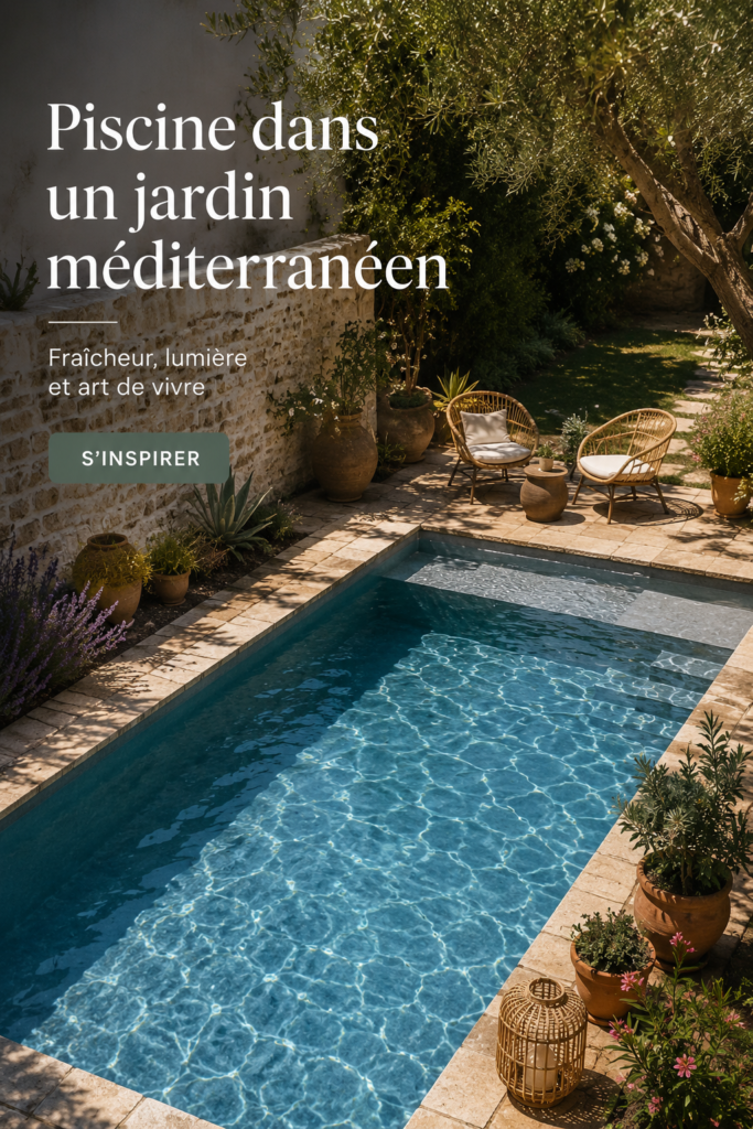 Une piscine d'angle dans un jardin méditerranéen printanier, ornée de plantes locales.